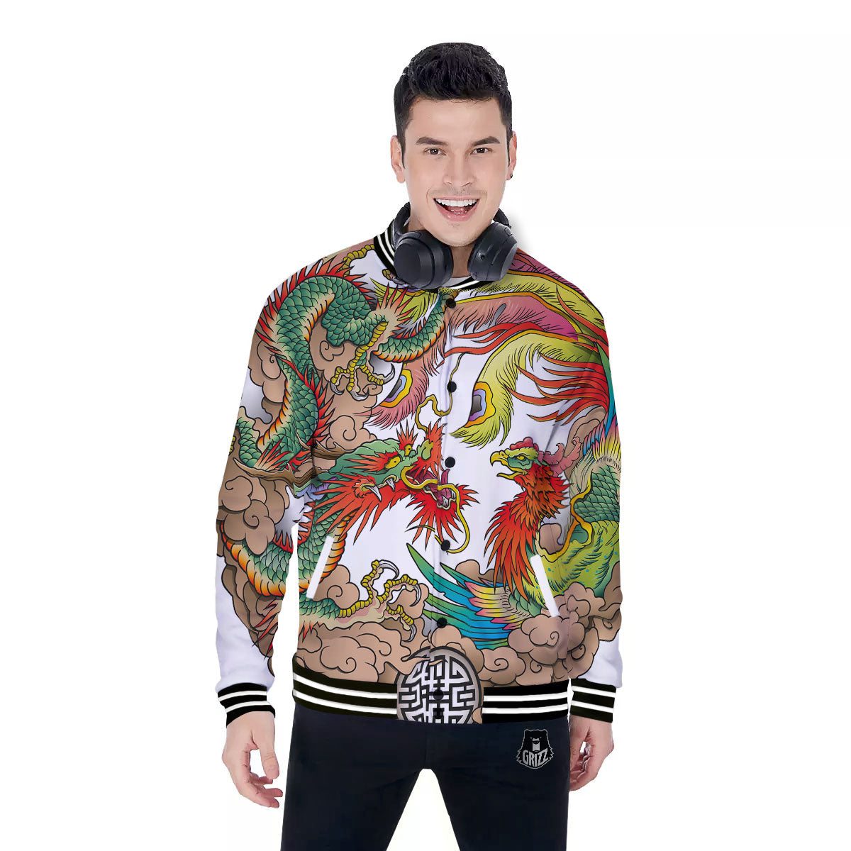Phoenix And Dragon Japanese Tattoo Print Baseball Jacket-grizzshop