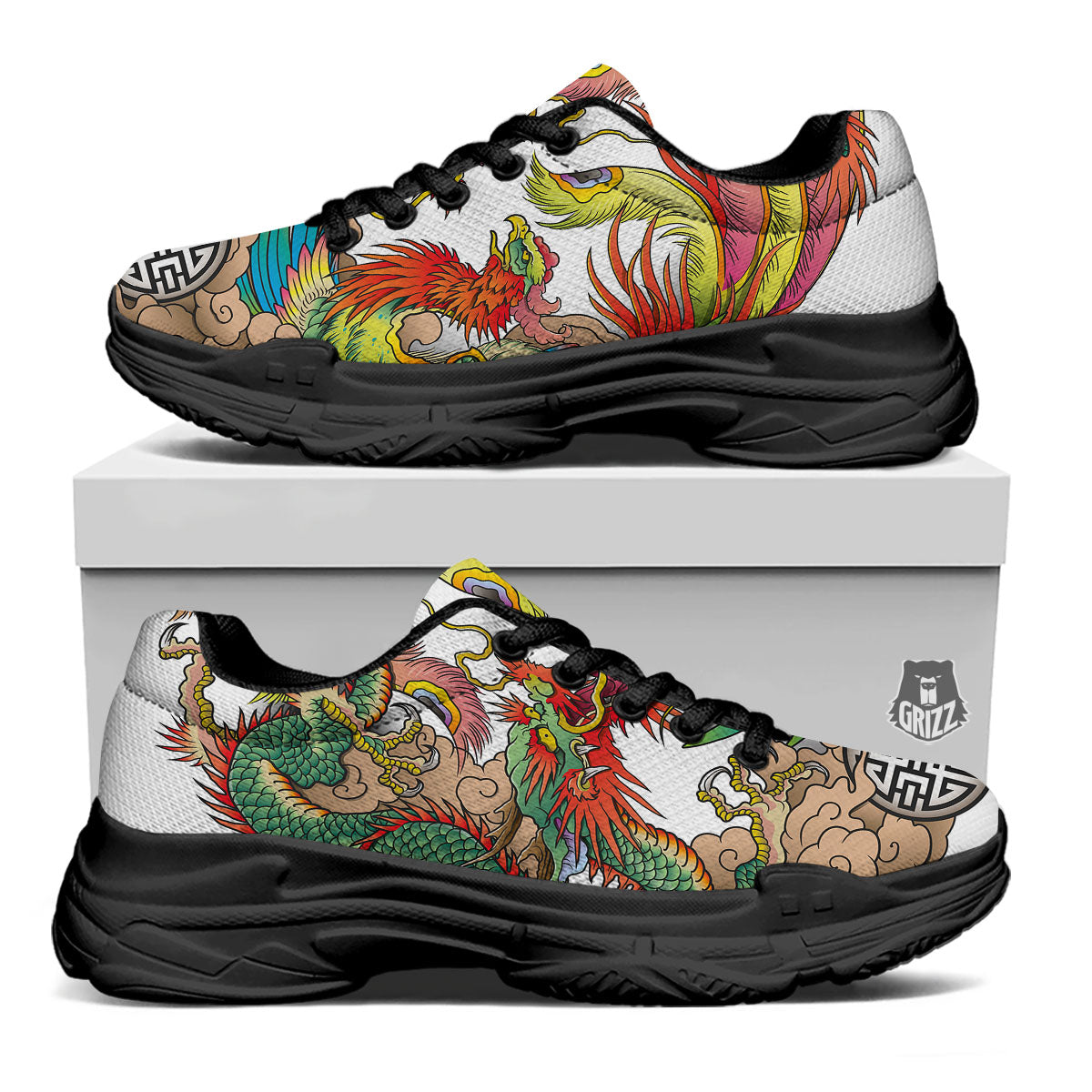 Phoenix And Dragon Japanese Tattoo Print Black Chunky Shoes-grizzshop