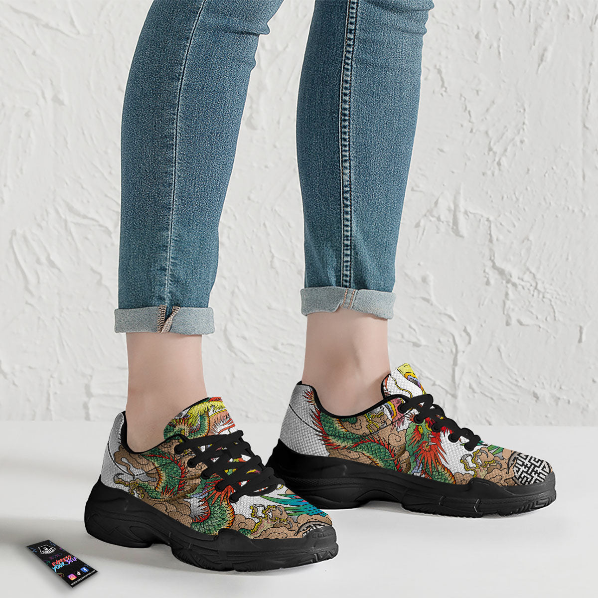 Phoenix And Dragon Japanese Tattoo Print Black Chunky Shoes-grizzshop