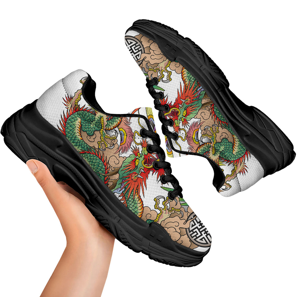 Phoenix And Dragon Japanese Tattoo Print Black Chunky Shoes-grizzshop