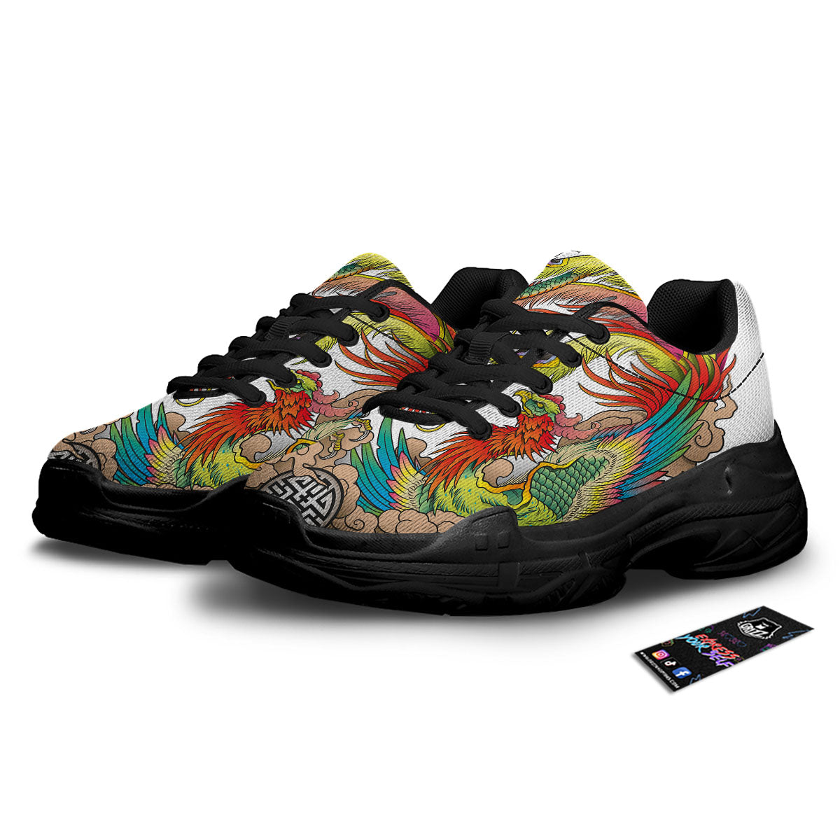 Phoenix And Dragon Japanese Tattoo Print Black Chunky Shoes-grizzshop