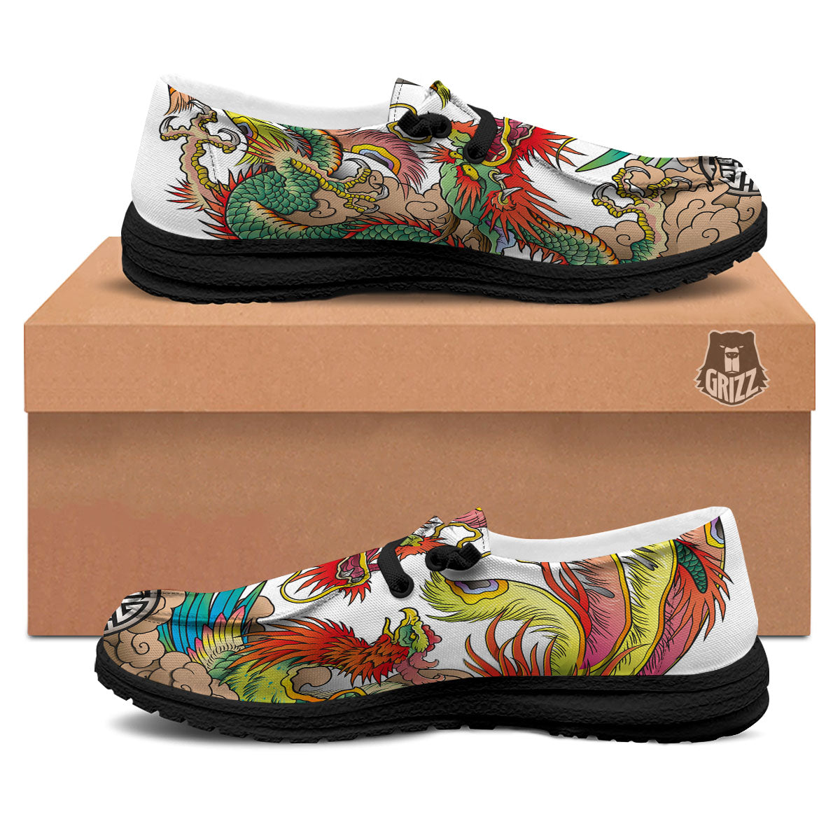 Phoenix And Dragon Japanese Tattoo Print Black Loafers-grizzshop