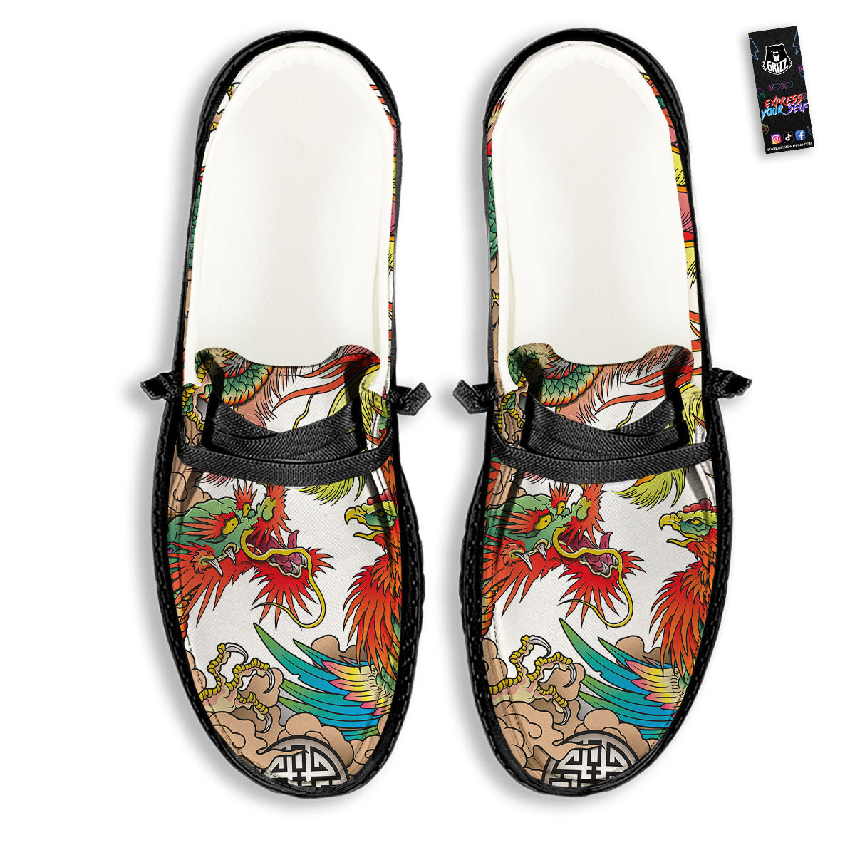 Phoenix And Dragon Japanese Tattoo Print Black Loafers-grizzshop