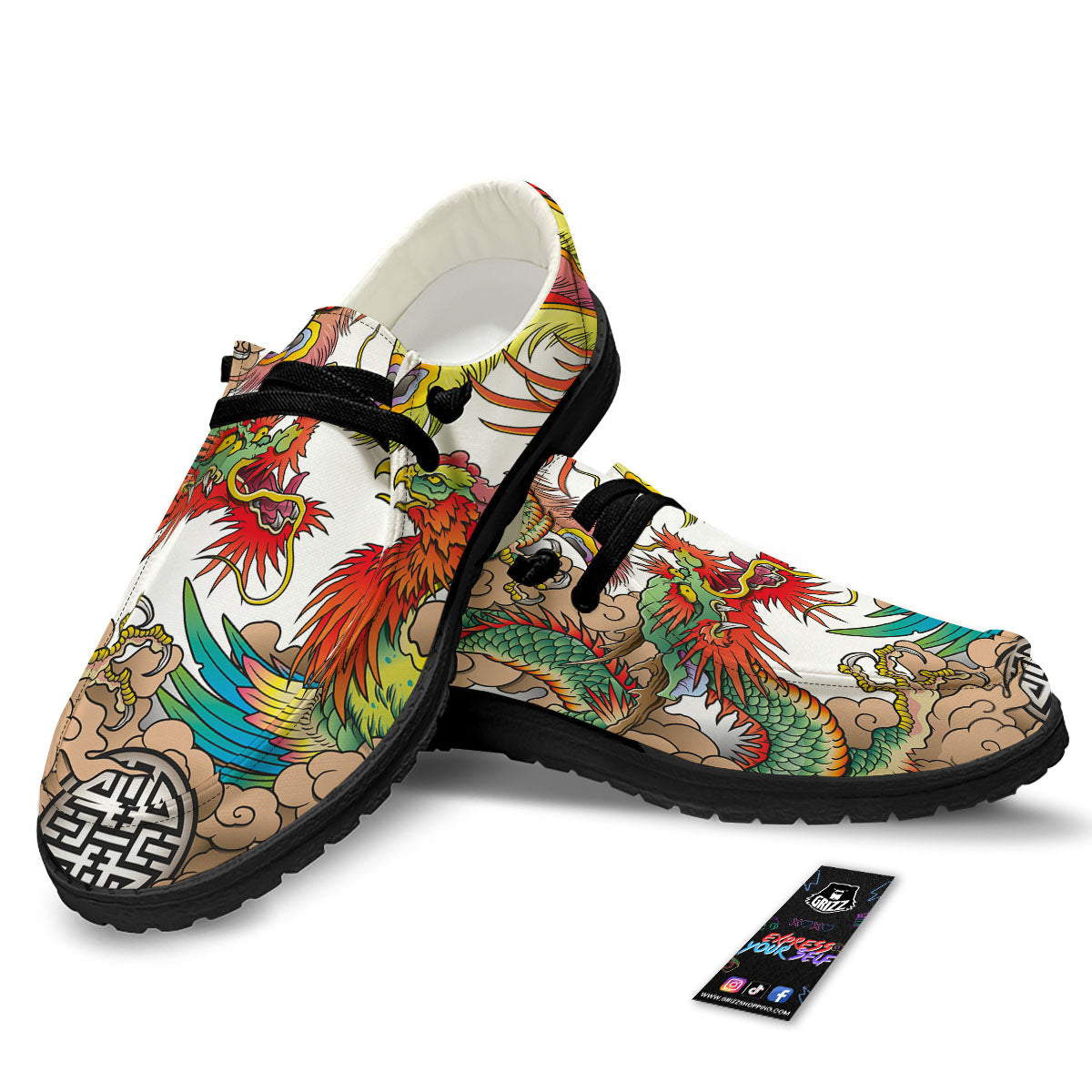 Phoenix And Dragon Japanese Tattoo Print Black Loafers-grizzshop