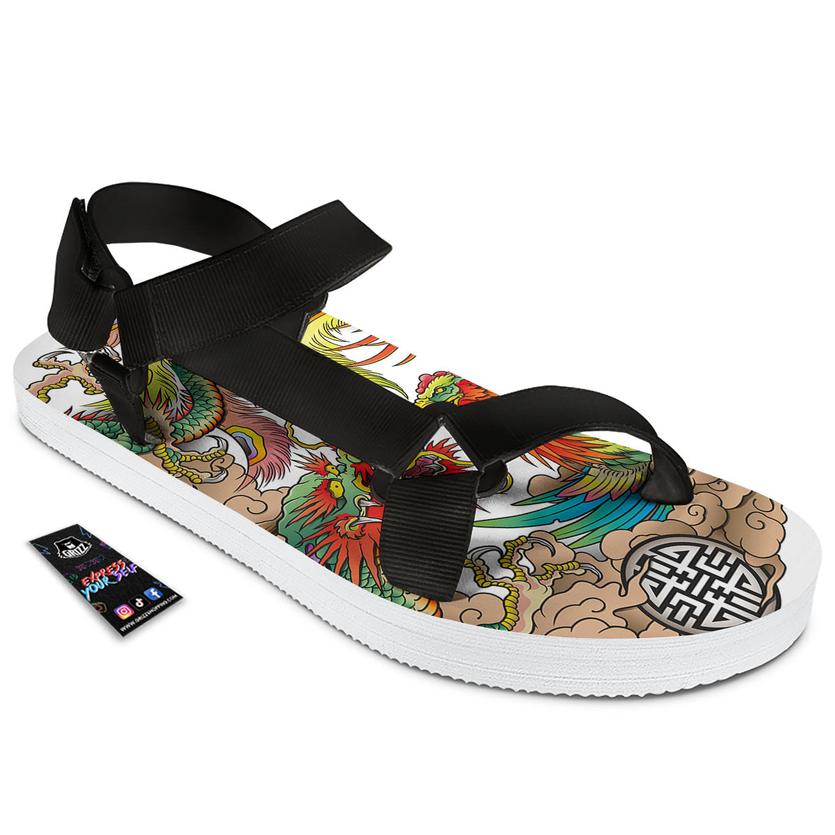 Phoenix And Dragon Japanese Tattoo Print Black Open Toe Sandals-grizzshop