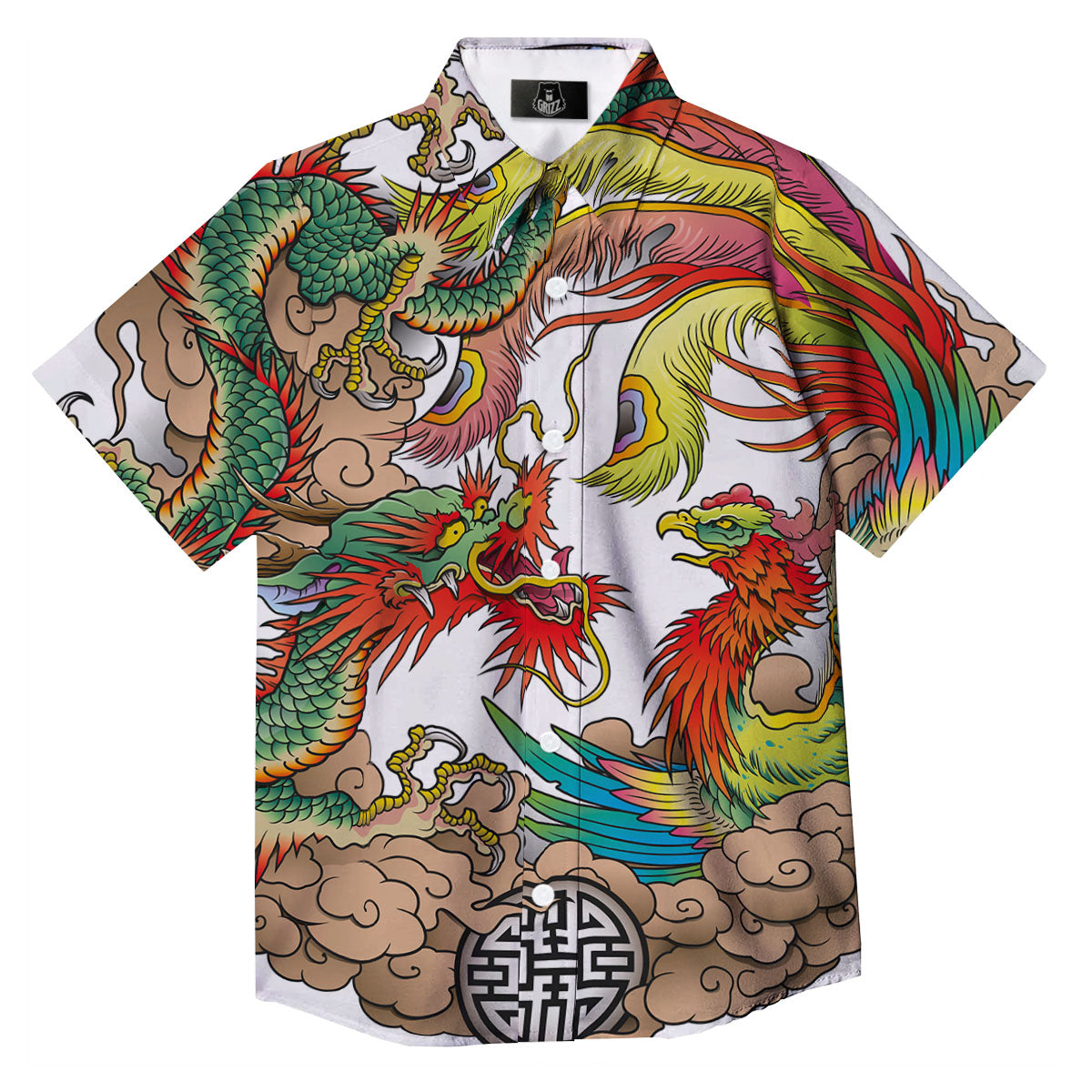 Phoenix And Dragon Japanese Tattoo Print Button Up Shirt-grizzshop
