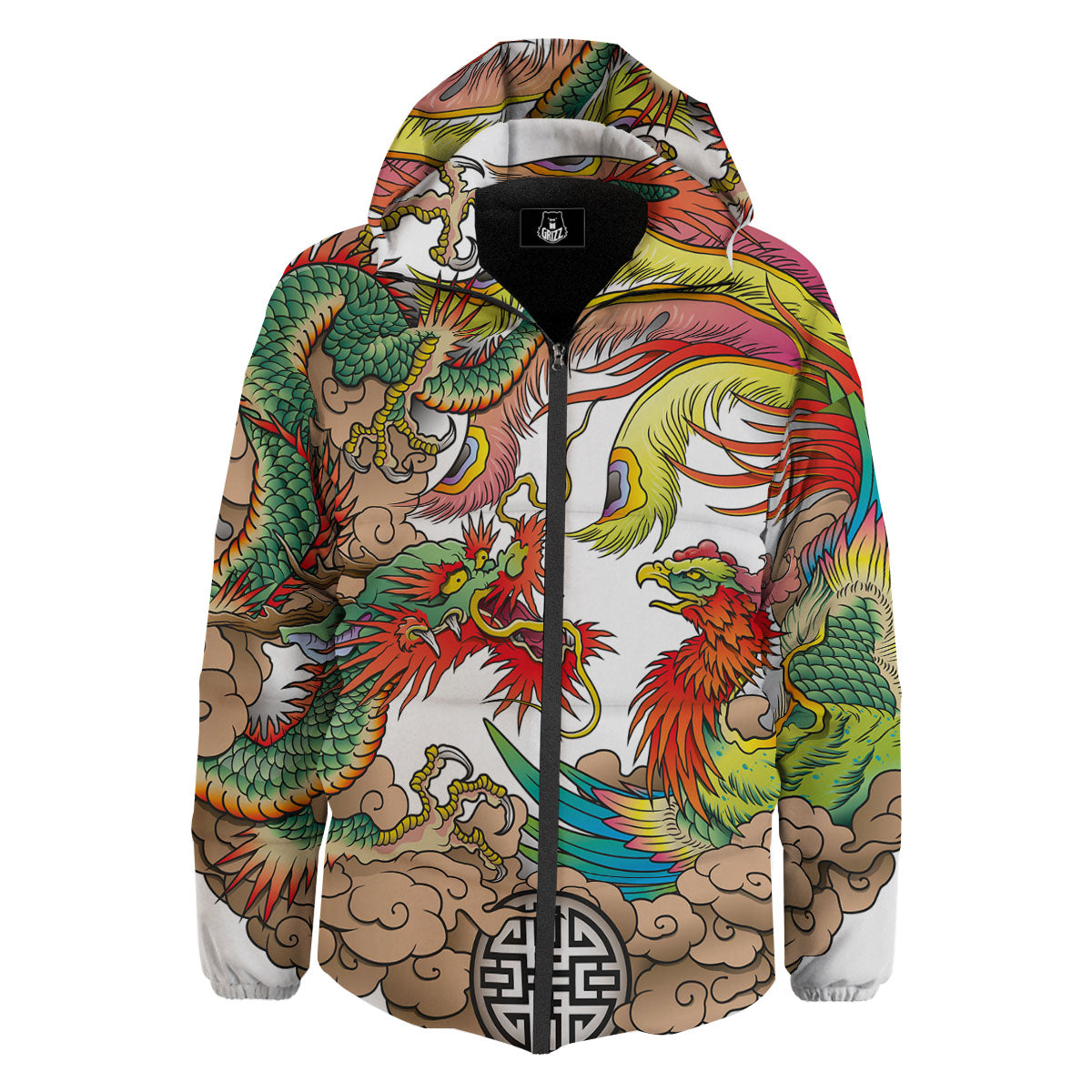 Phoenix And Dragon Japanese Tattoo Print Down Jacket-grizzshop