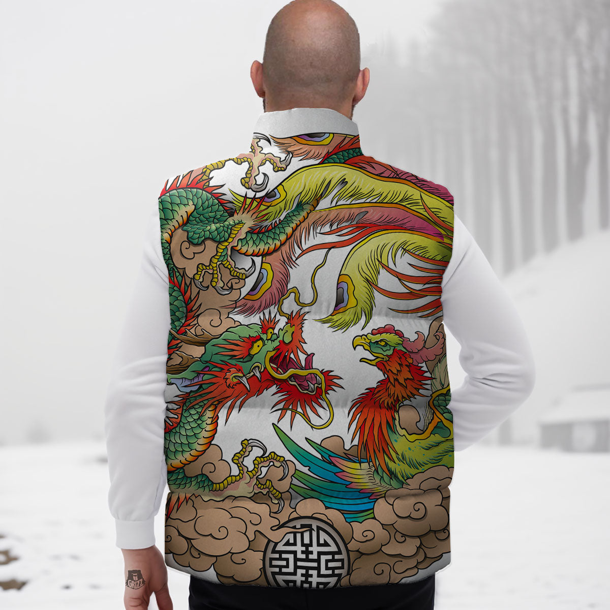 Phoenix And Dragon Japanese Tattoo Print Down Vest