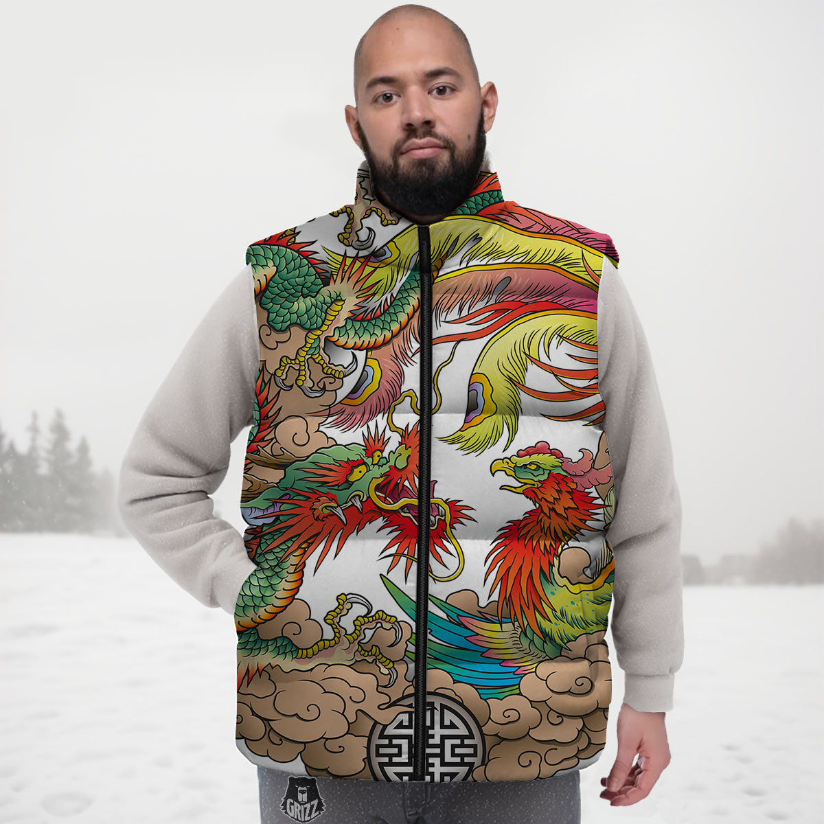Phoenix And Dragon Japanese Tattoo Print Down Vest
