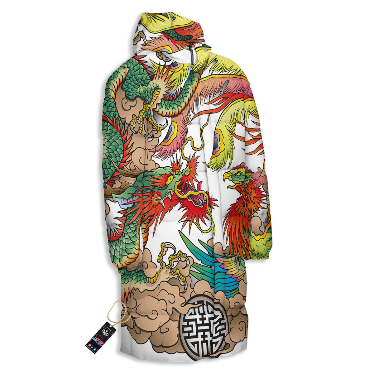 Phoenix And Dragon Japanese Tattoo Print Long Down Jacket-grizzshop