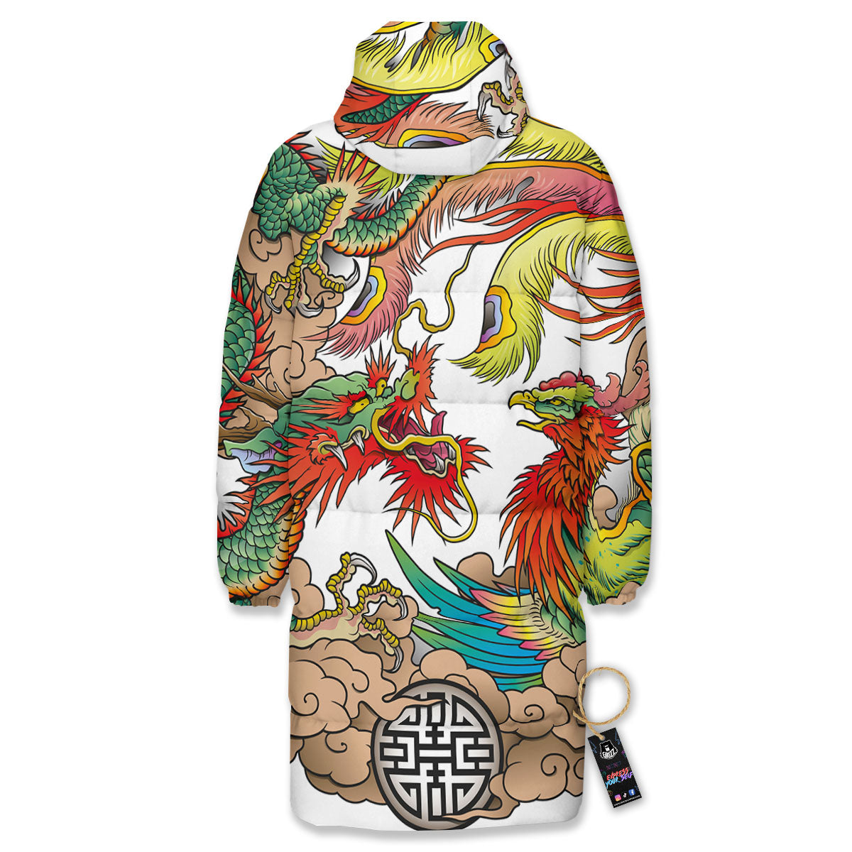 Phoenix And Dragon Japanese Tattoo Print Long Down Jacket-grizzshop
