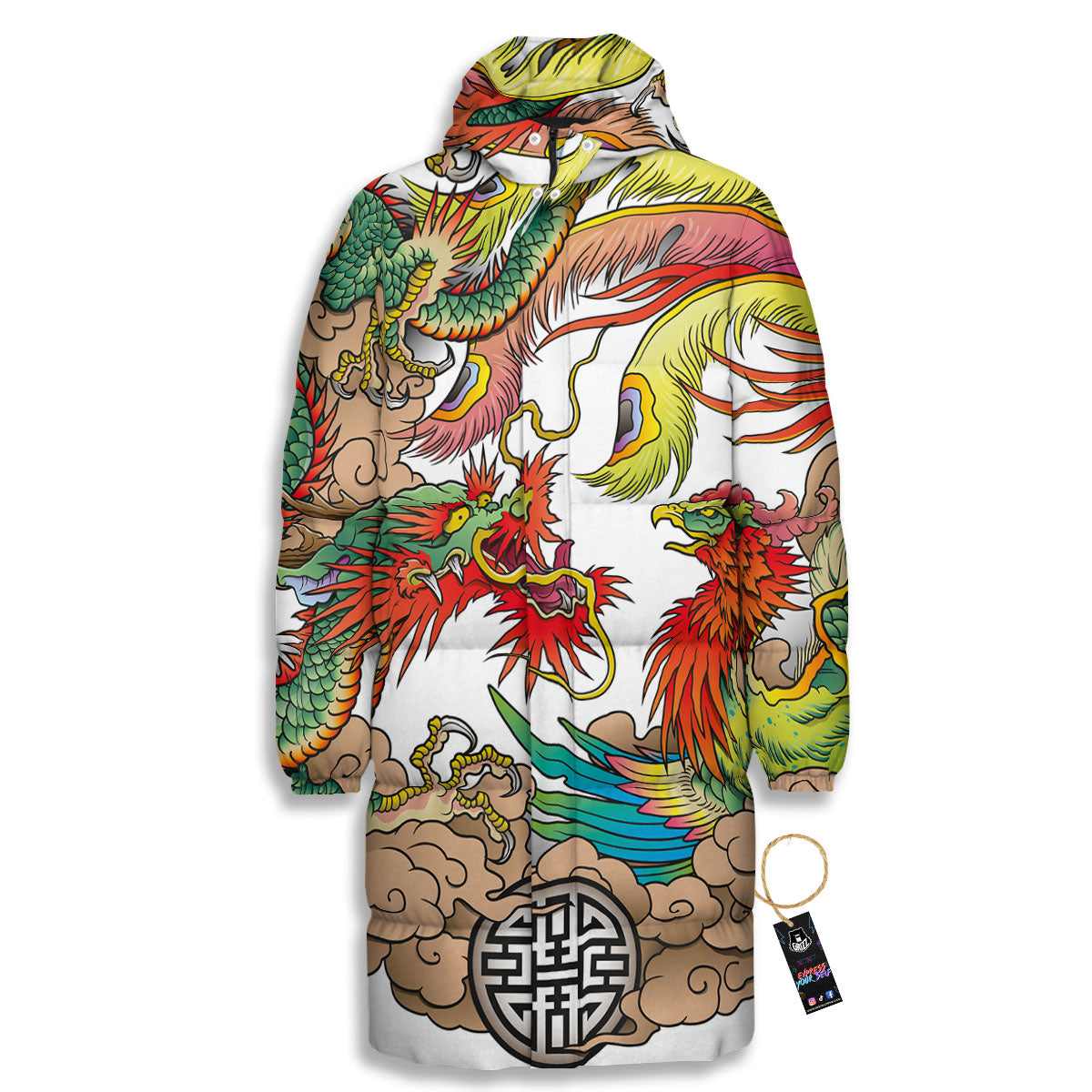 Phoenix And Dragon Japanese Tattoo Print Long Down Jacket-grizzshop