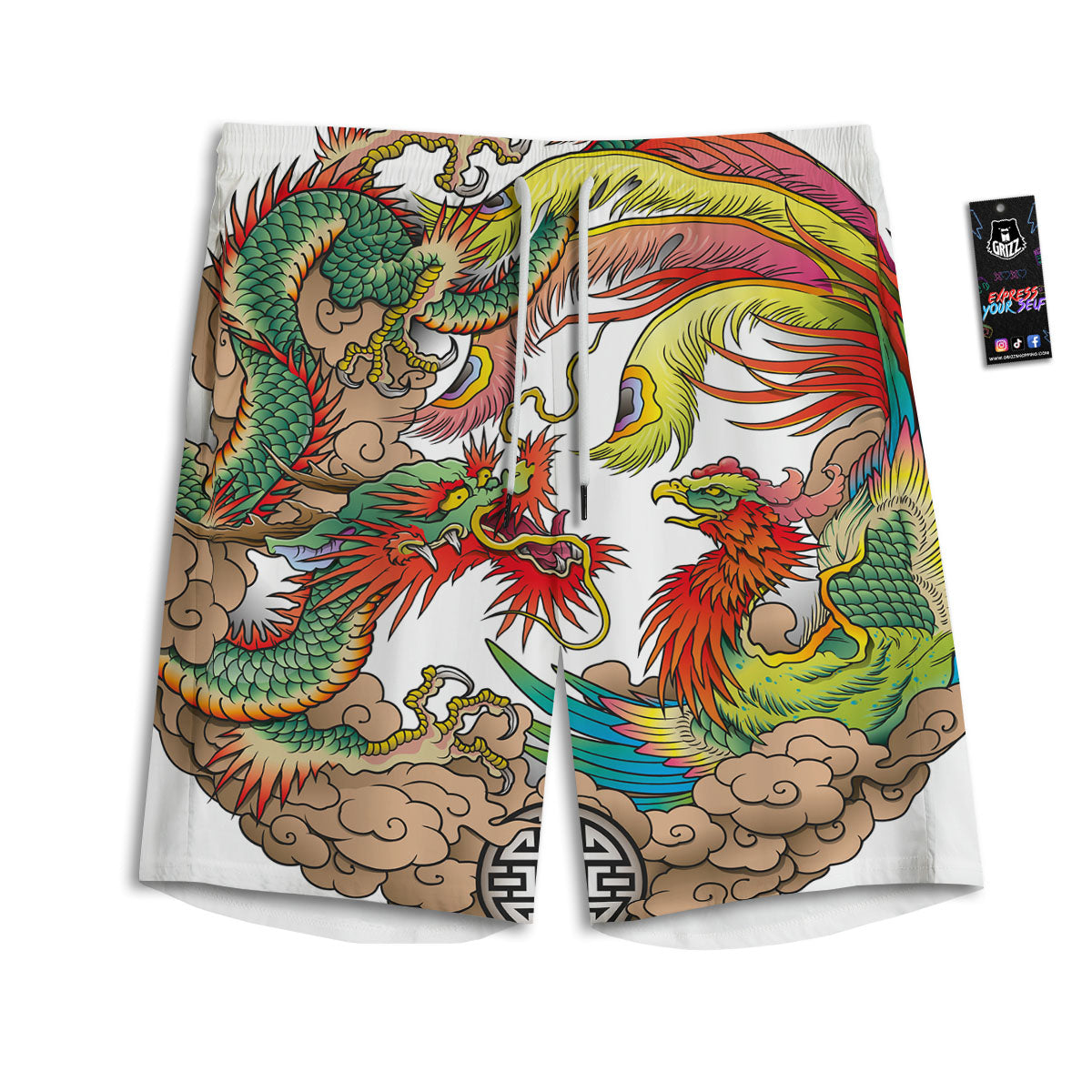Phoenix And Dragon Japanese Tattoo Print Men's Athletic Shorts