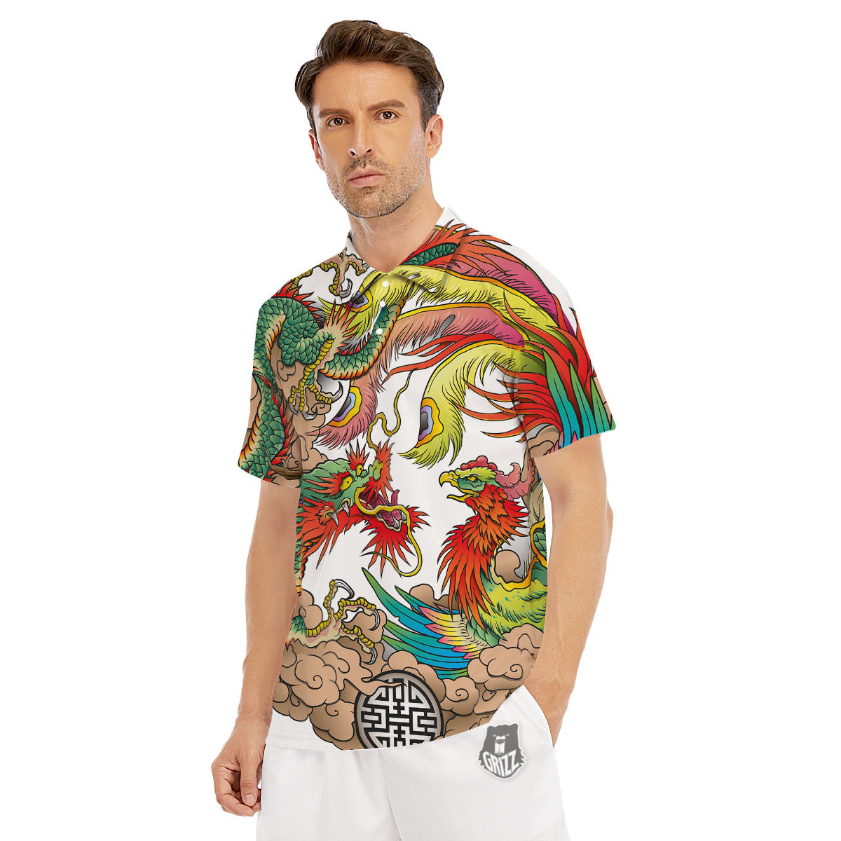 Phoenix And Dragon Japanese Tattoo Print Men's Golf Shirts-grizzshop