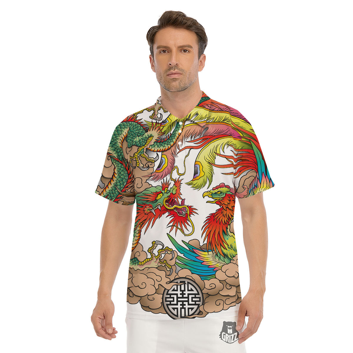 Phoenix And Dragon Japanese Tattoo Print Men's Golf Shirts-grizzshop