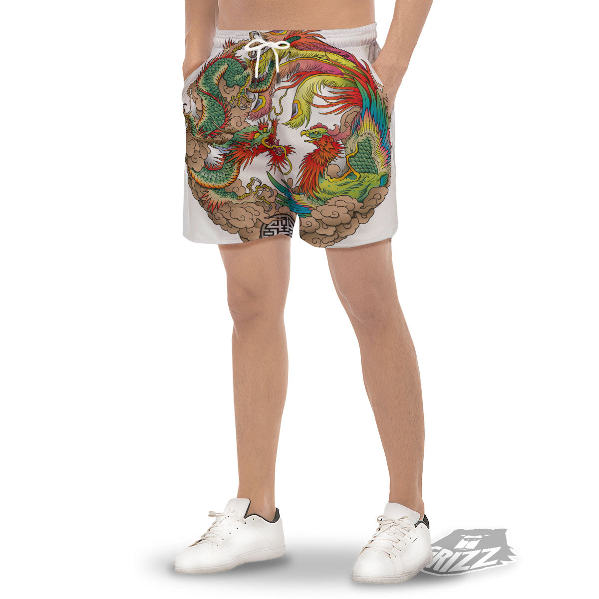 Phoenix And Dragon Japanese Tattoo Print Men's Gym Shorts-grizzshop