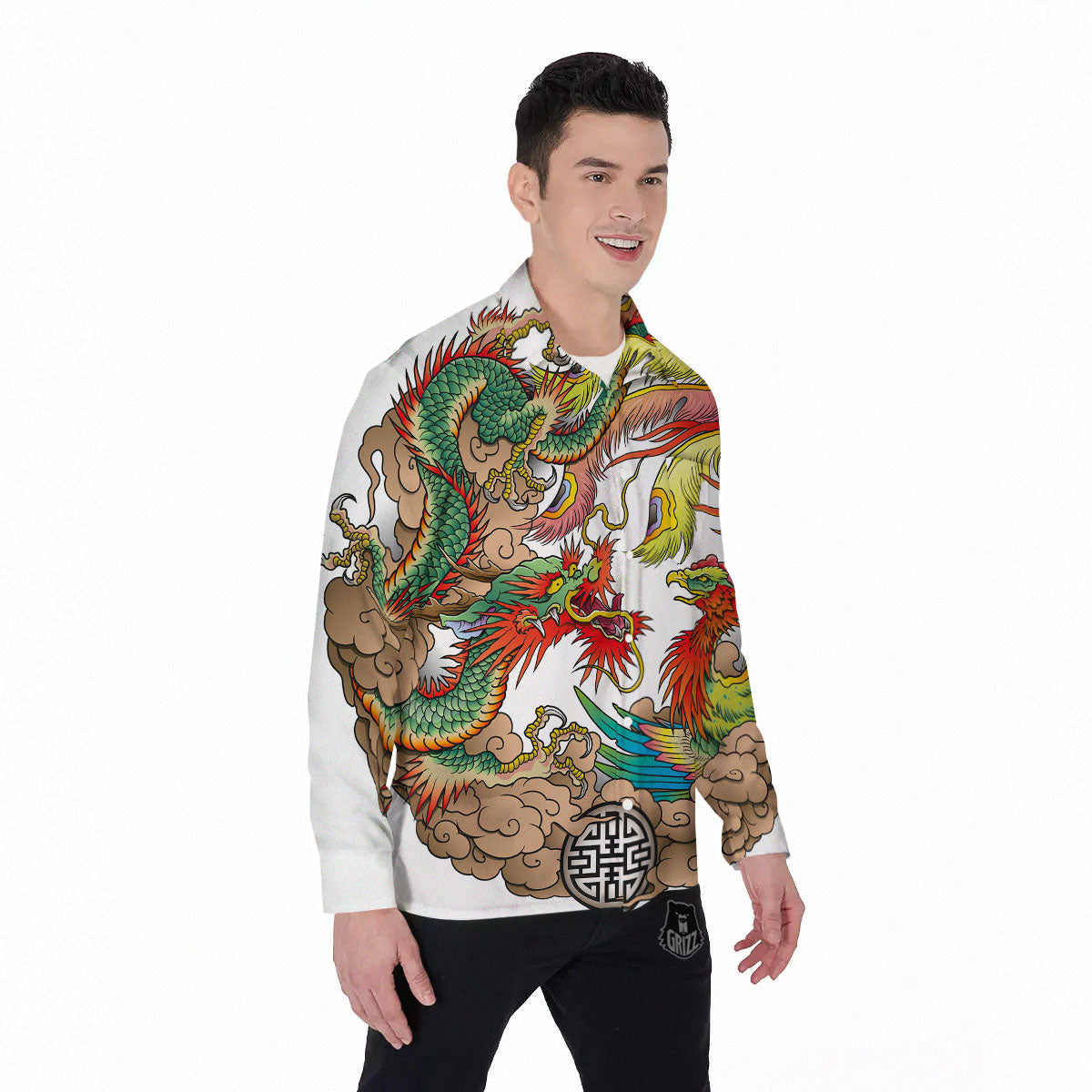 Phoenix And Dragon Japanese Tattoo Print Men's Long Sleeve Shirts-grizzshop