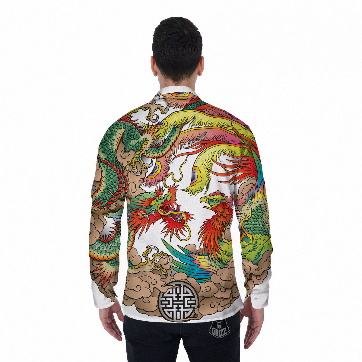 Phoenix And Dragon Japanese Tattoo Print Men's Long Sleeve Shirts-grizzshop
