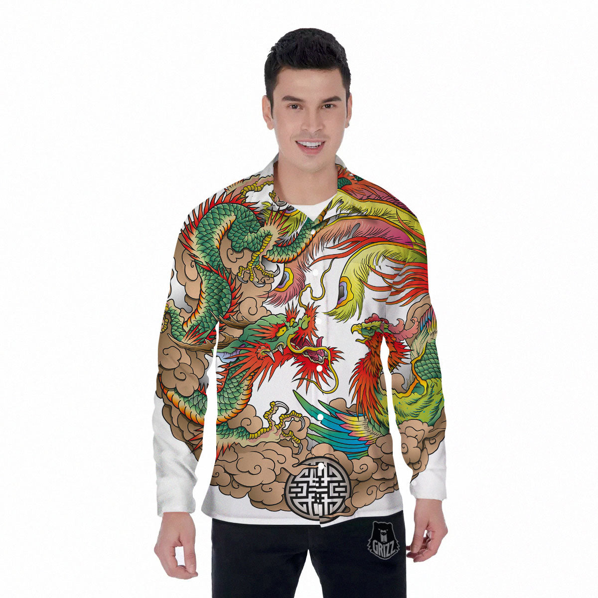 Phoenix And Dragon Japanese Tattoo Print Men's Long Sleeve Shirts-grizzshop