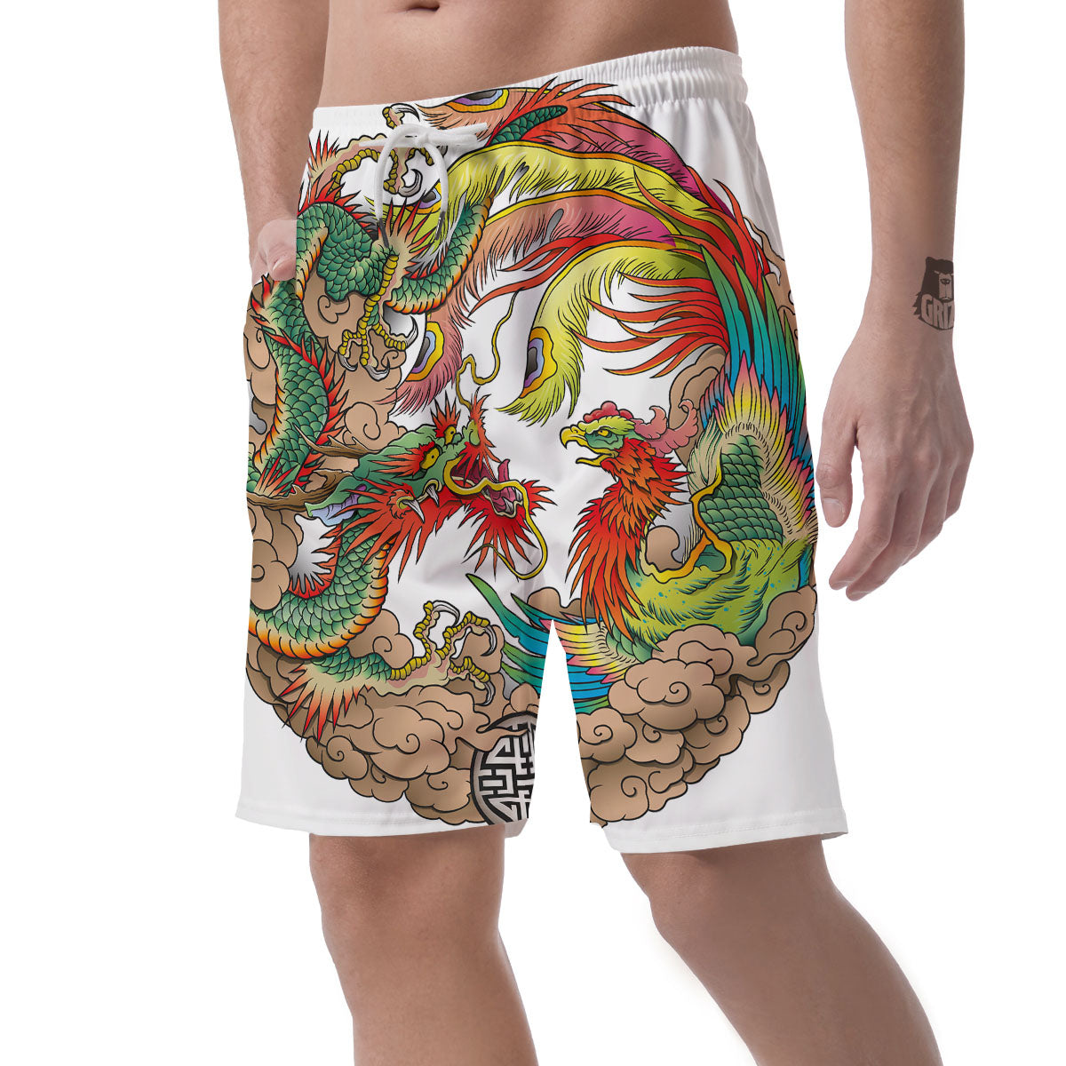 Phoenix And Dragon Japanese Tattoo Print Men's Shorts-grizzshop