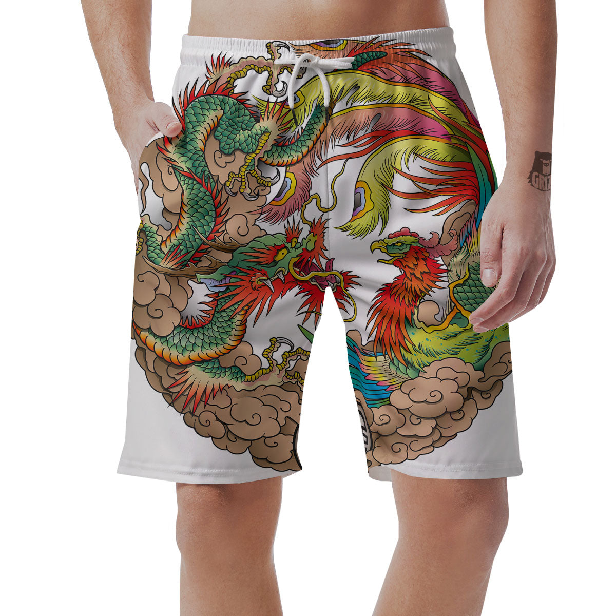 Phoenix And Dragon Japanese Tattoo Print Men's Shorts-grizzshop