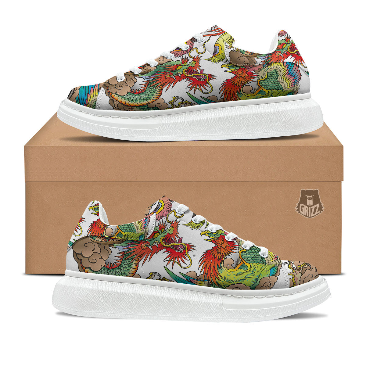 Phoenix And Dragon Japanese Tattoo Print Platform Shoes-grizzshop