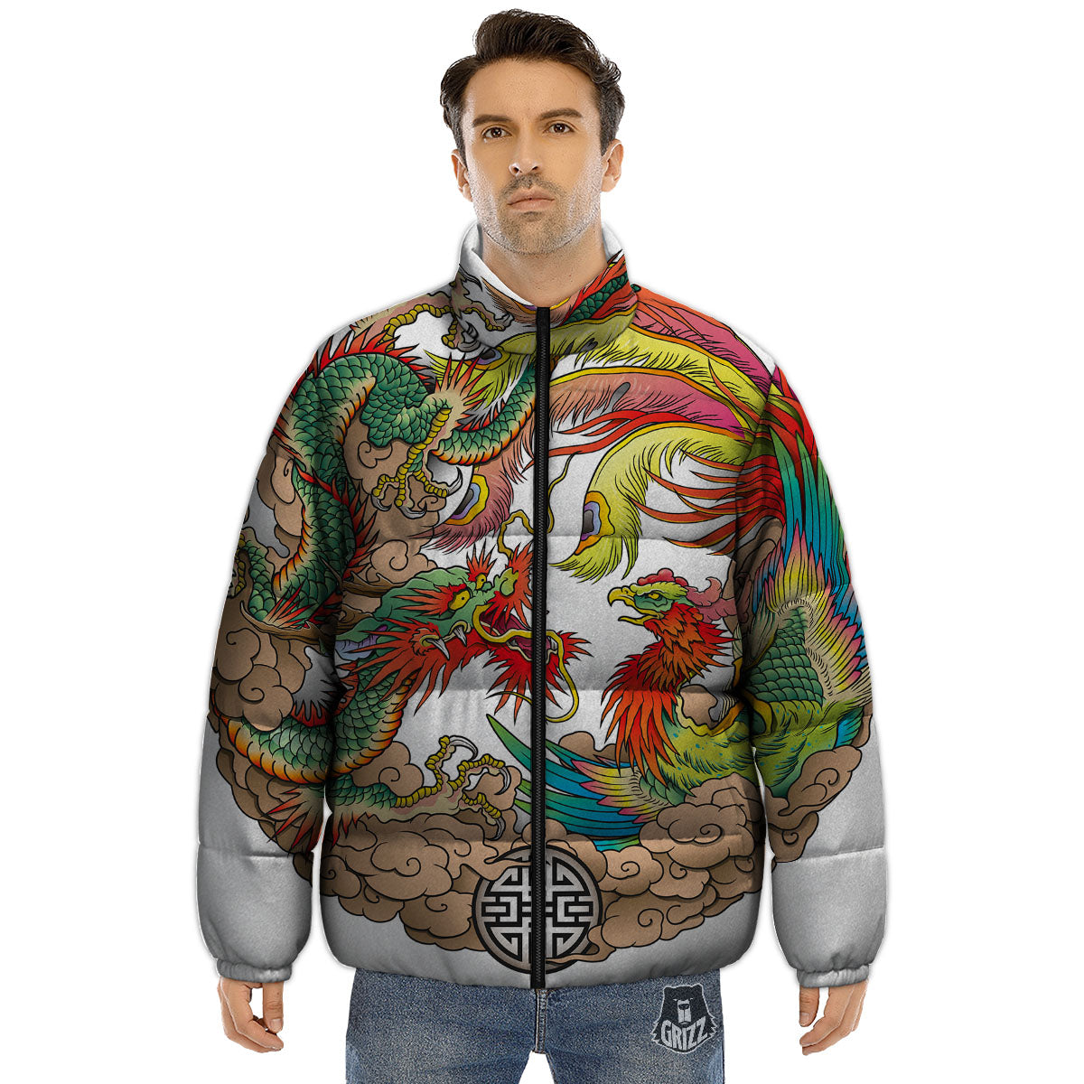 Phoenix And Dragon Japanese Tattoo Print Puffer Jacket-grizzshop