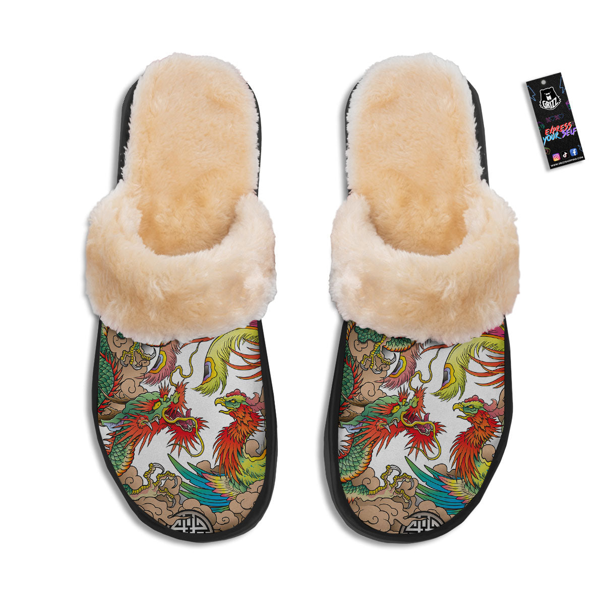 Phoenix And Dragon Japanese Tattoo Print Slippers-grizzshop