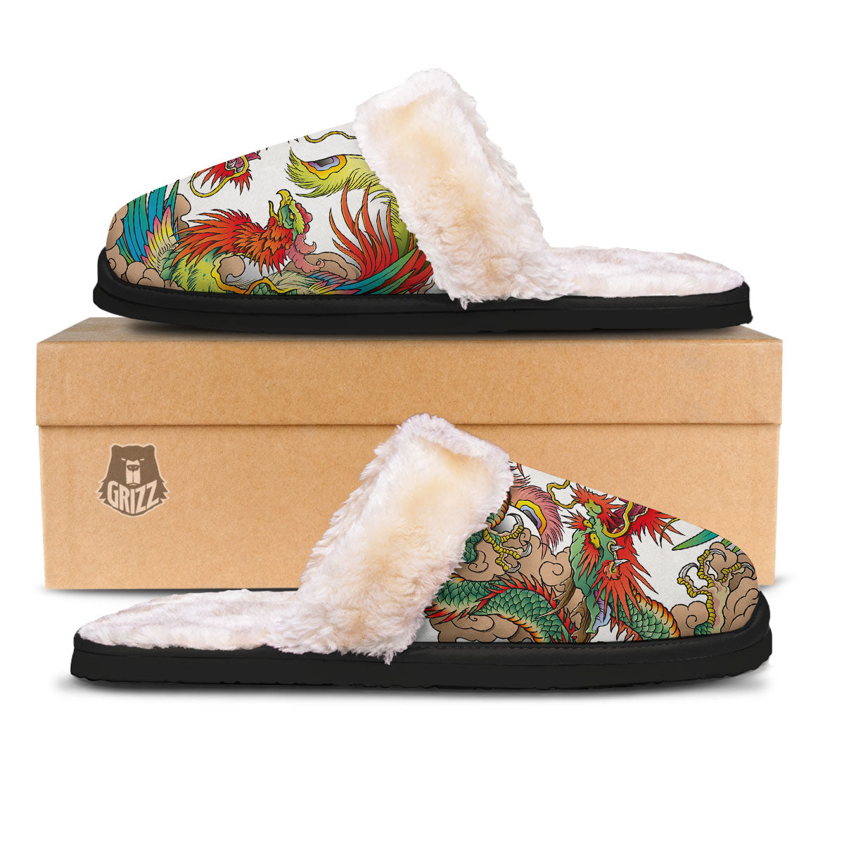 Phoenix And Dragon Japanese Tattoo Print Slippers-grizzshop