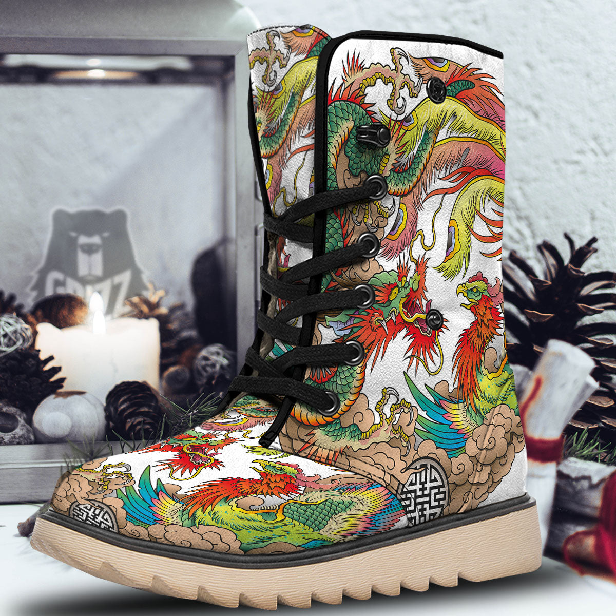 Phoenix And Dragon Japanese Tattoo Print Snow Boots-grizzshop