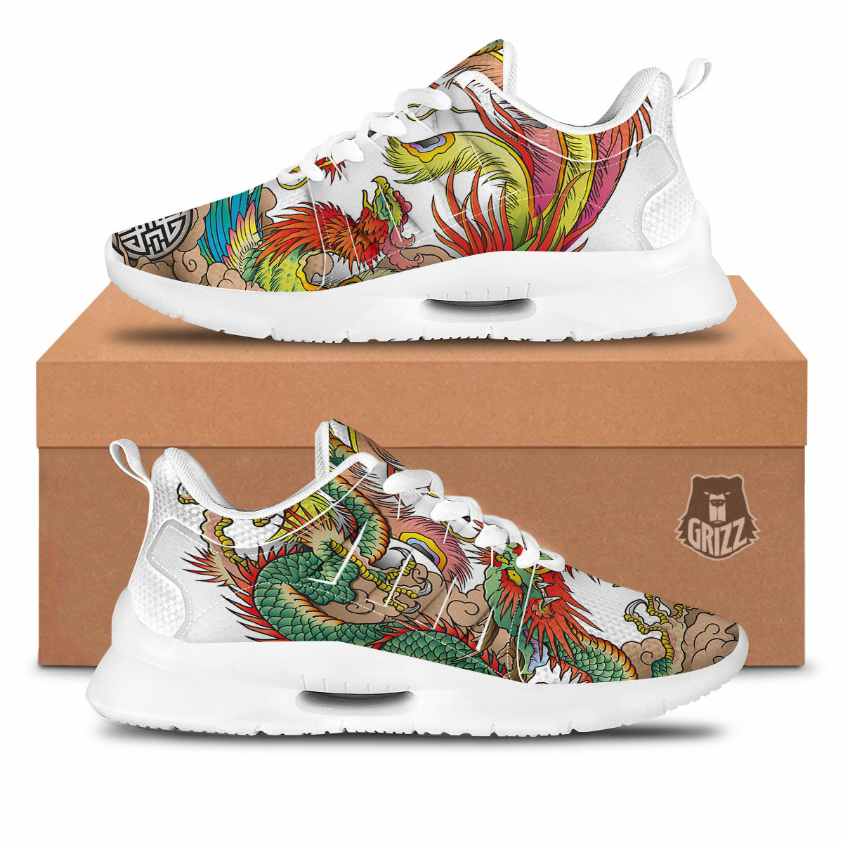 Phoenix And Dragon Japanese Tattoo Print Tennis Shoes-grizzshop