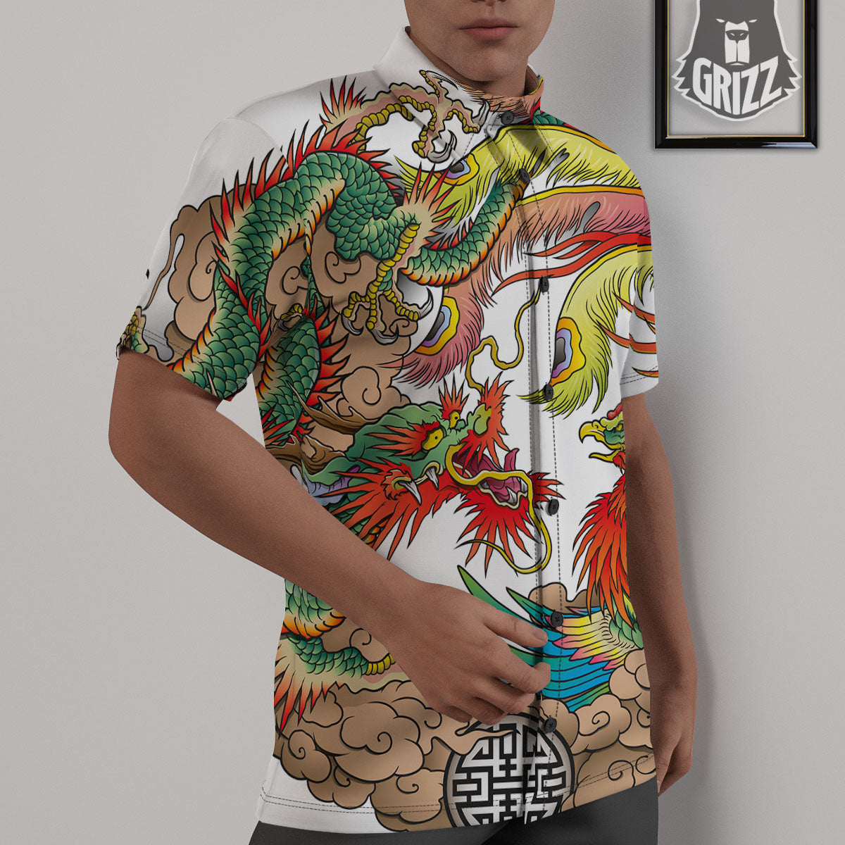 Phoenix And Dragon Japanese Tattoo Print Untucked Shirts-grizzshop