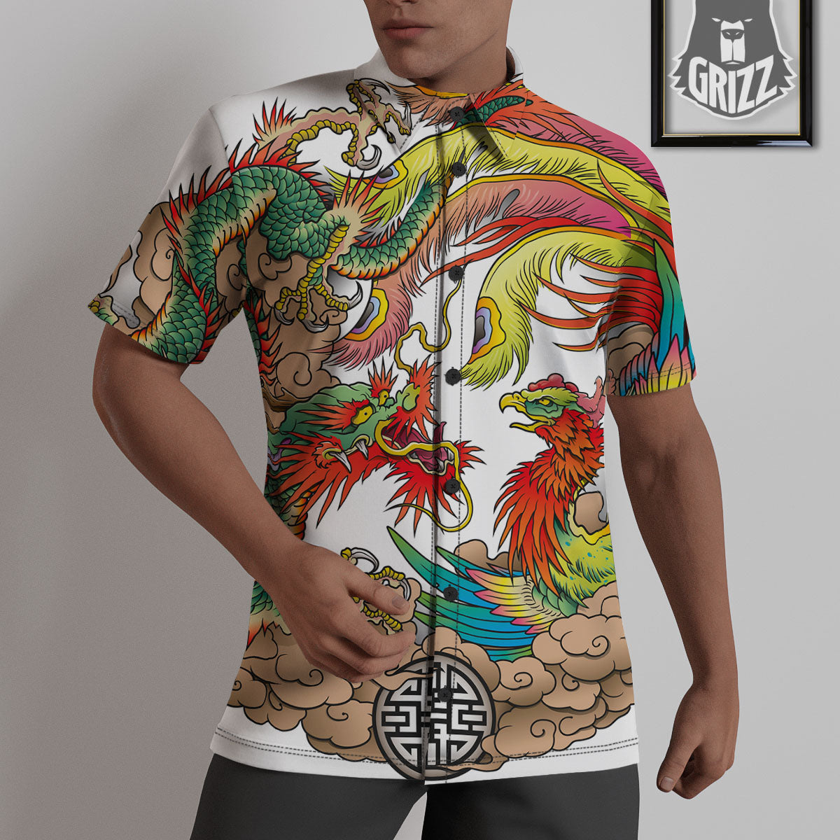 Phoenix And Dragon Japanese Tattoo Print Untucked Shirts-grizzshop