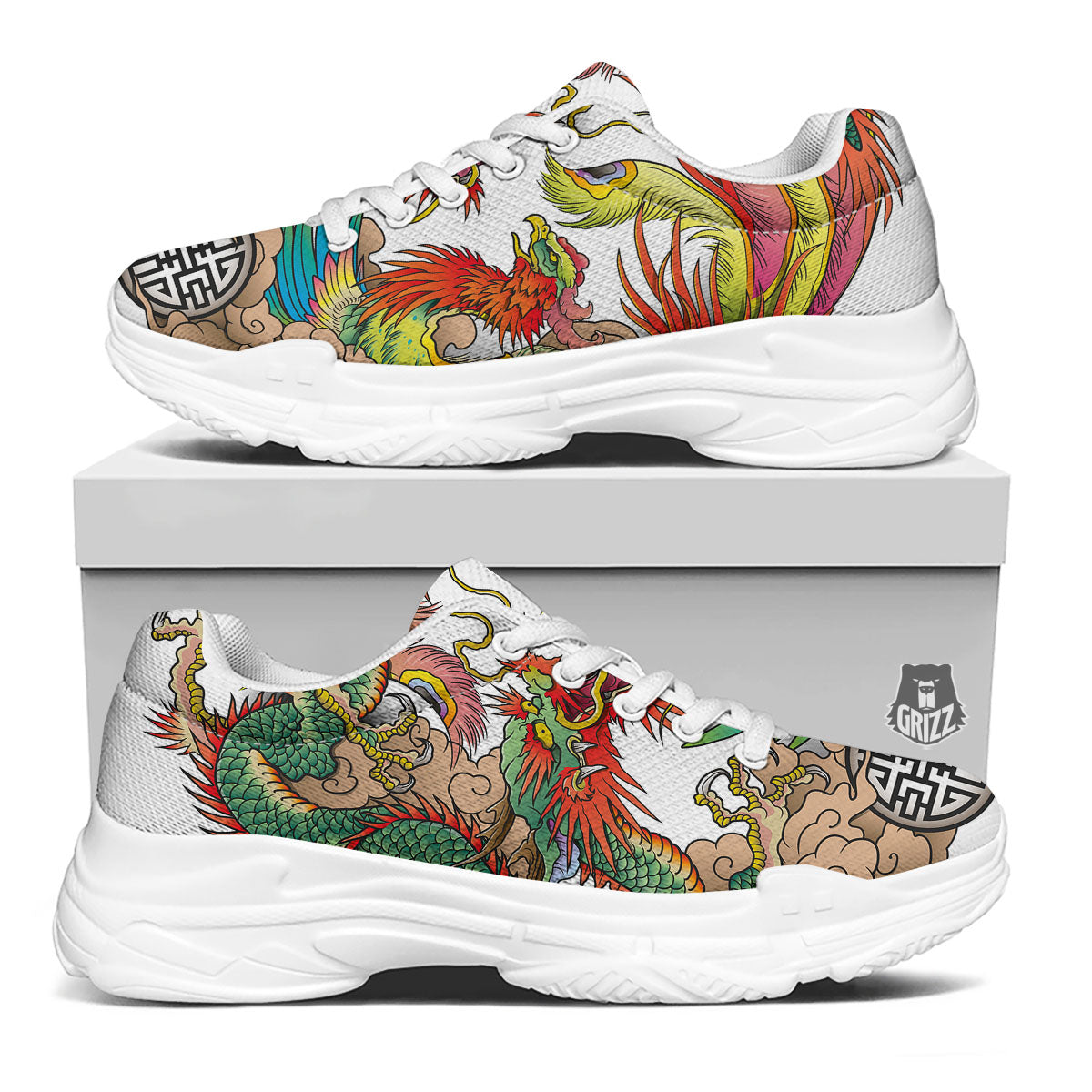 Phoenix And Dragon Japanese Tattoo Print White Chunky Shoes-grizzshop