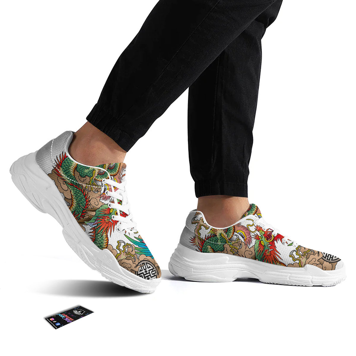 Phoenix And Dragon Japanese Tattoo Print White Chunky Shoes-grizzshop