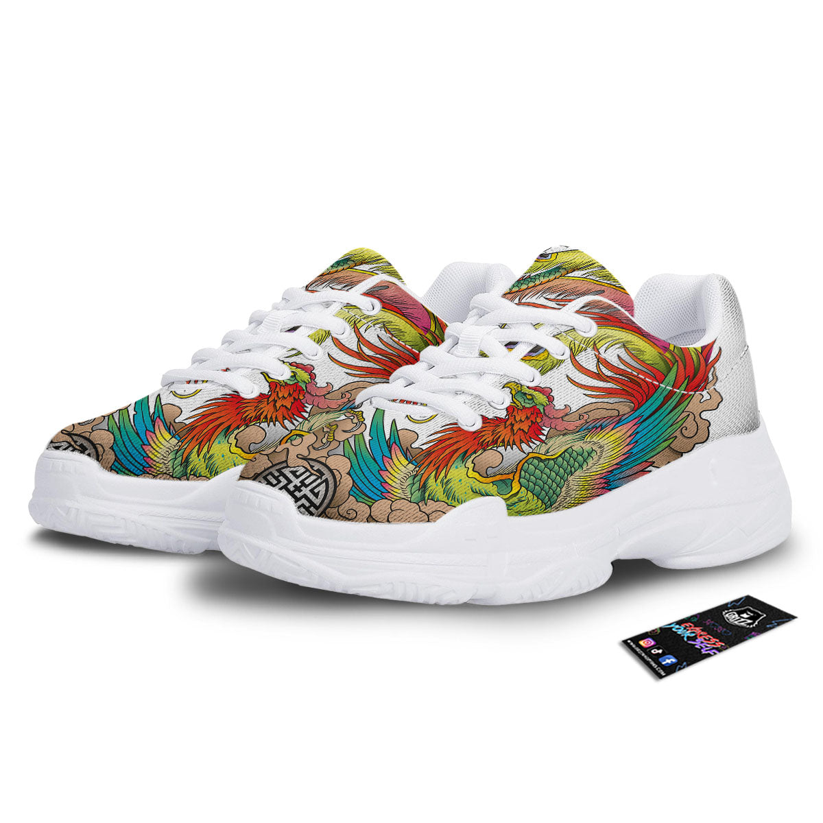 Phoenix And Dragon Japanese Tattoo Print White Chunky Shoes-grizzshop
