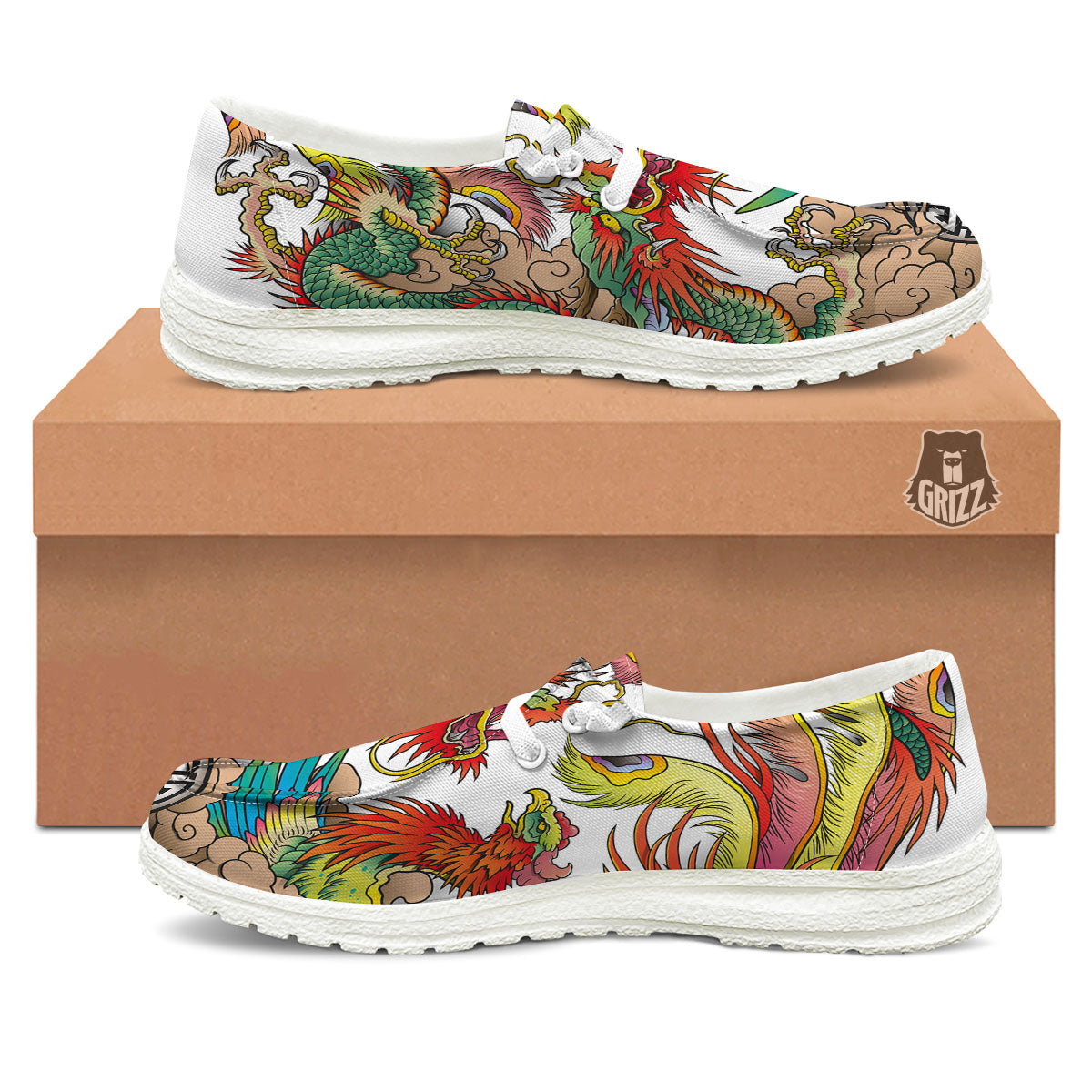 Phoenix And Dragon Japanese Tattoo Print White Loafers-grizzshop