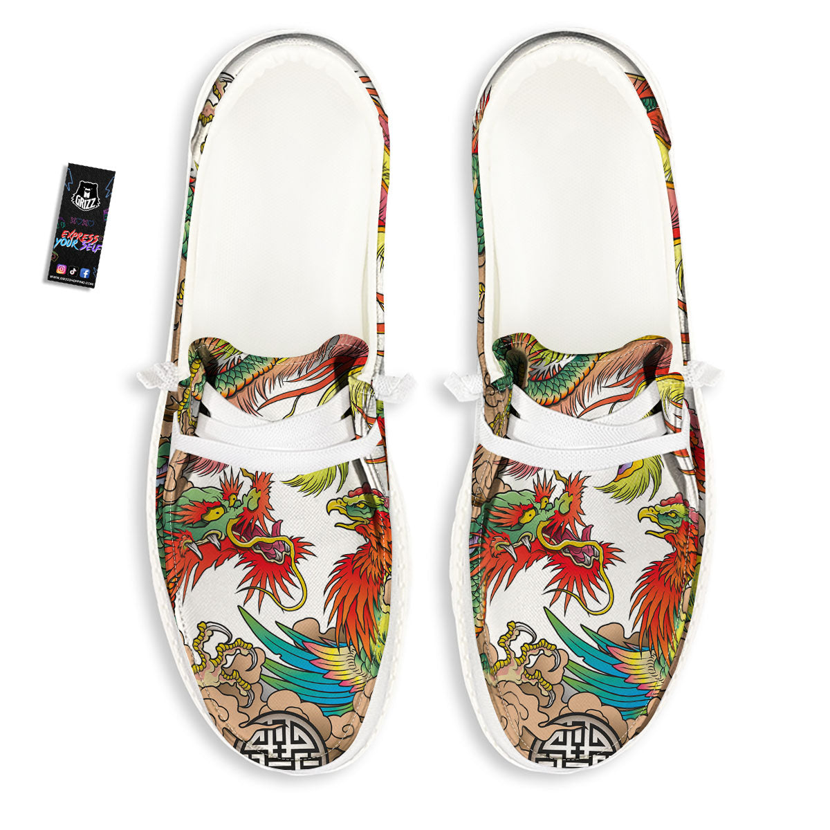 Phoenix And Dragon Japanese Tattoo Print White Loafers-grizzshop