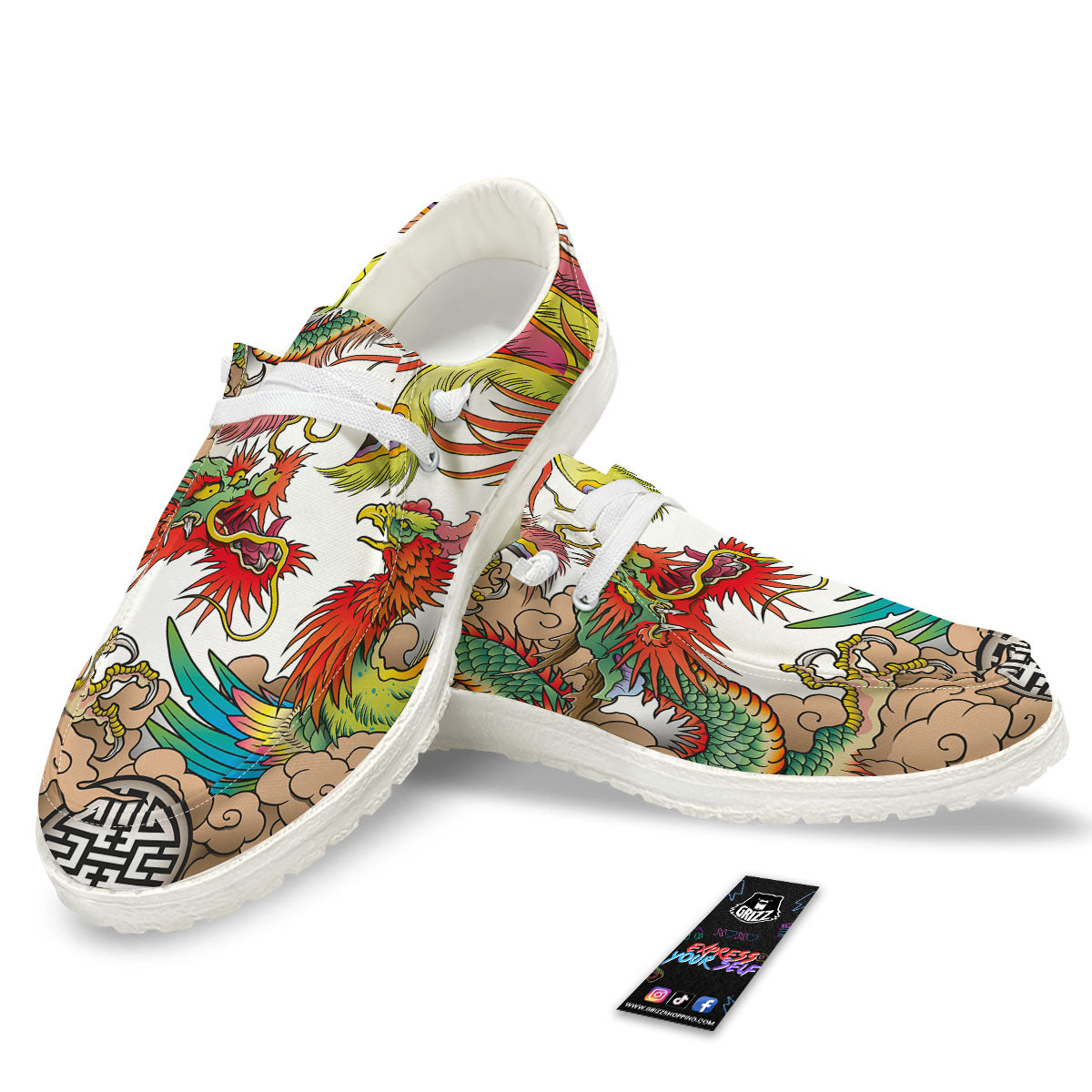 Phoenix And Dragon Japanese Tattoo Print White Loafers-grizzshop