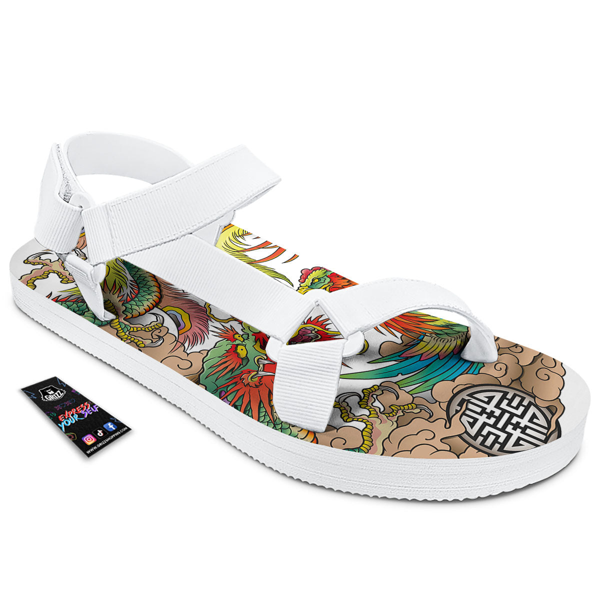 Phoenix And Dragon Japanese Tattoo Print White Open Toe Sandals-grizzshop