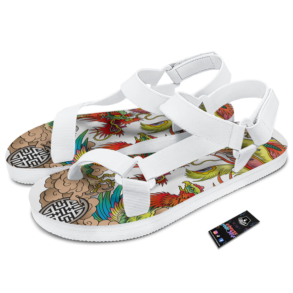 Phoenix And Dragon Japanese Tattoo Print White Open Toe Sandals-grizzshop