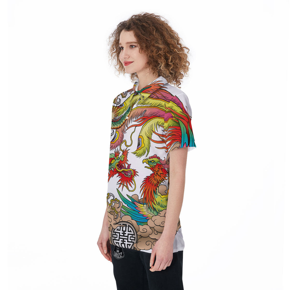 Phoenix And Dragon Japanese Tattoo Print Women's Golf Shirts-grizzshop