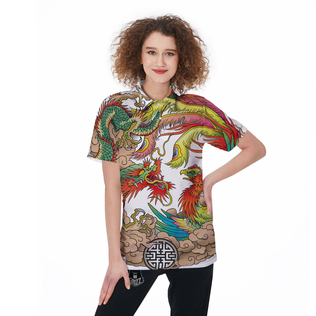 Phoenix And Dragon Japanese Tattoo Print Women's Golf Shirts-grizzshop