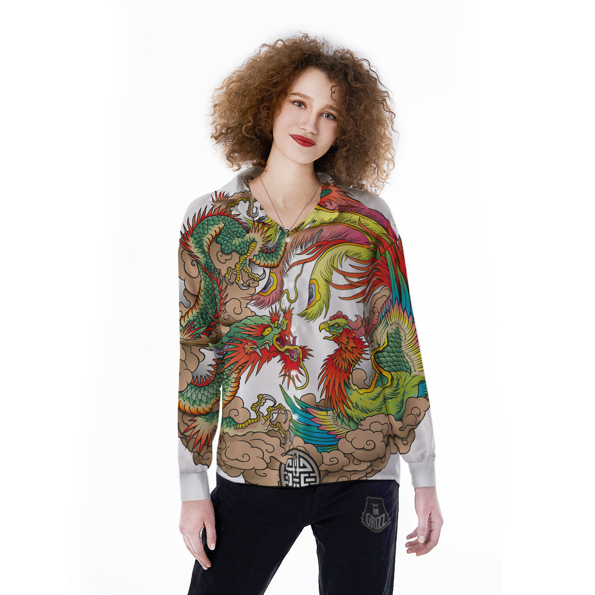 Phoenix And Dragon Japanese Tattoo Print Women's Long Sleeve Shirts-grizzshop