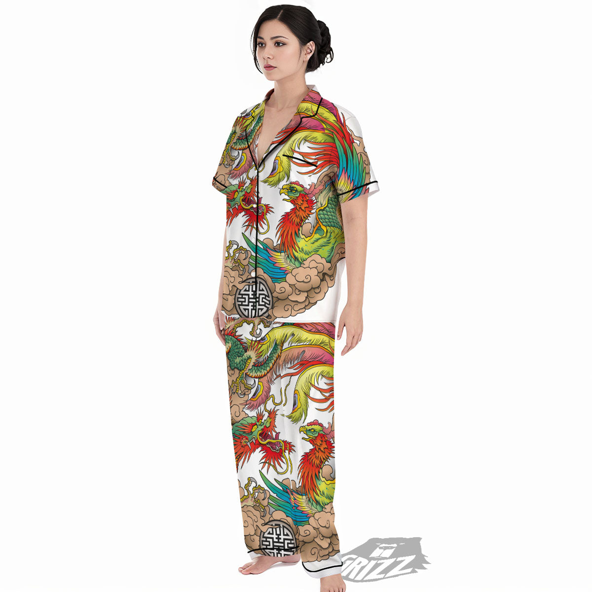 Phoenix And Dragon Japanese Tattoo Print Women's Pajamas Set-grizzshop