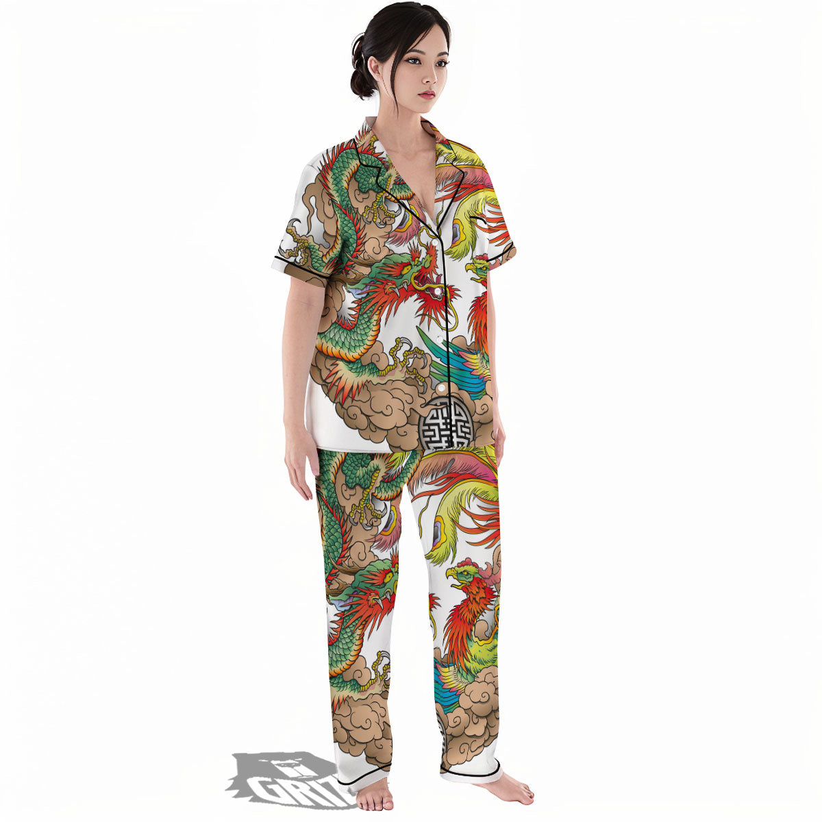 Phoenix And Dragon Japanese Tattoo Print Women's Pajamas Set-grizzshop
