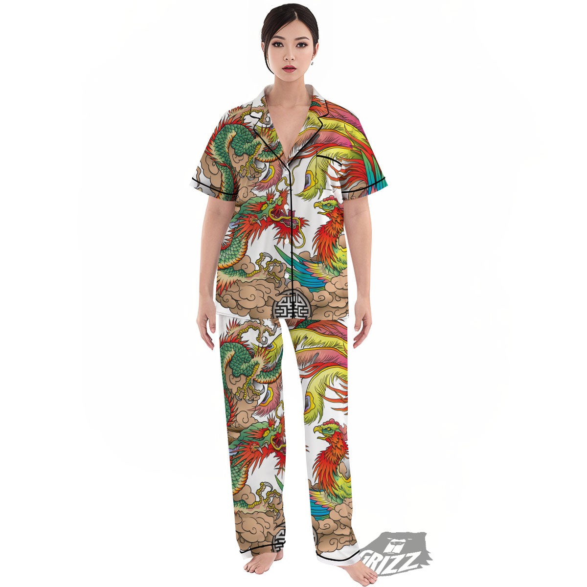 Phoenix And Dragon Japanese Tattoo Print Women's Pajamas Set-grizzshop