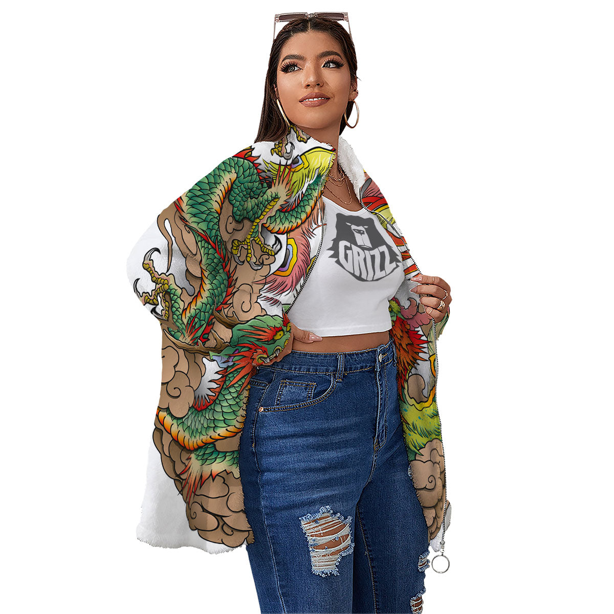 Phoenix And Dragon Japanese Tattoo Print Women's Sherpa Jacket-grizzshop