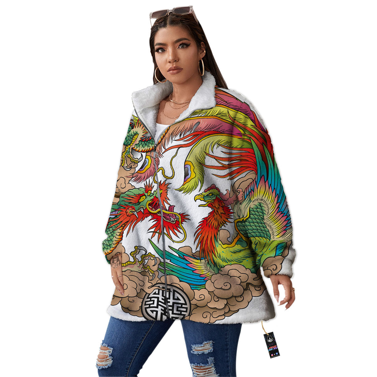 Phoenix And Dragon Japanese Tattoo Print Women's Sherpa Jacket-grizzshop