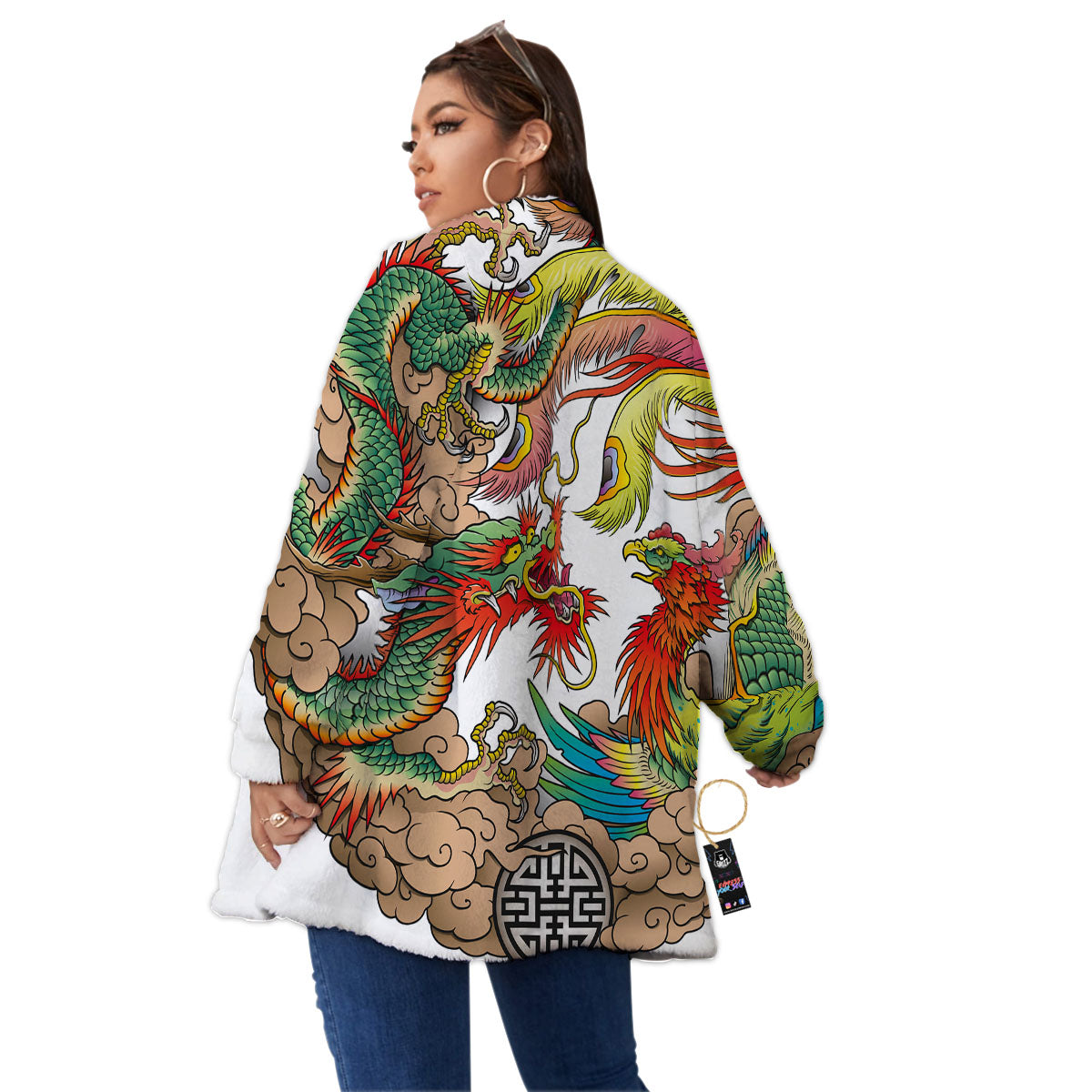 Phoenix And Dragon Japanese Tattoo Print Women's Sherpa Jacket-grizzshop